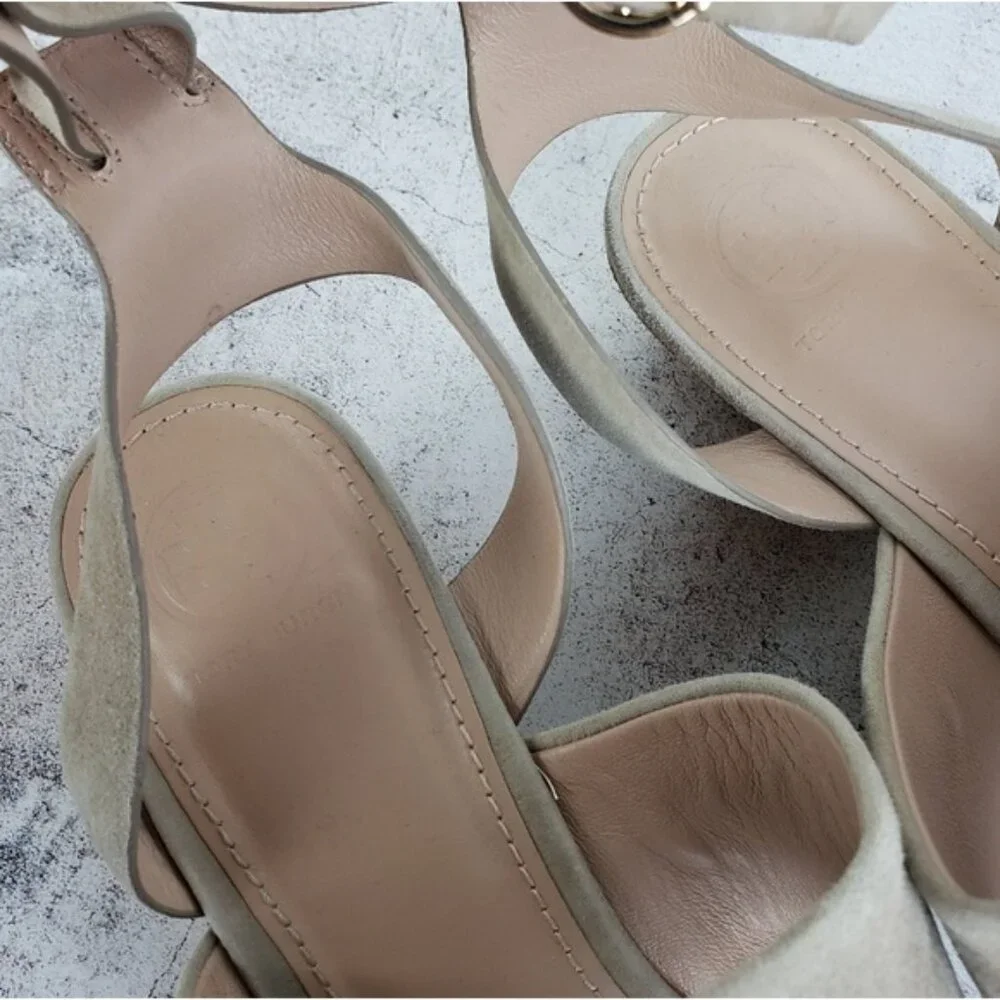 Tory Burch Leather Suede Cork Wedge Sandals Gray size 8.5M Comfort Preppy